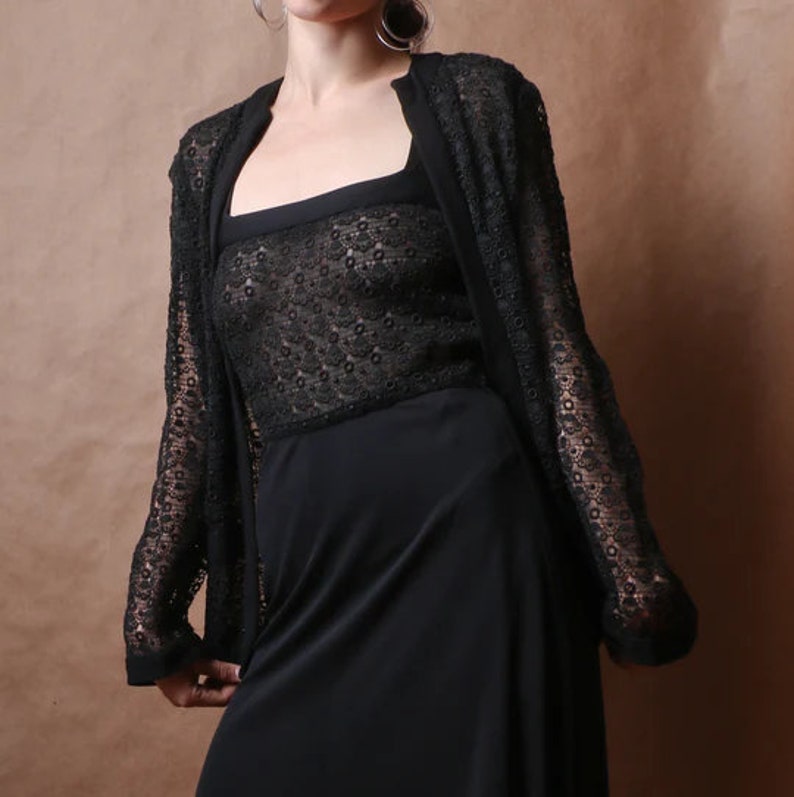 Christian Dior voor Saks Fifth Avenue zwart geborduurde kanten jurk set afbeelding 4