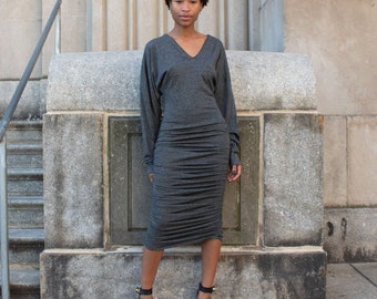 Patrick Kelly Grey Ruched Midi Dress