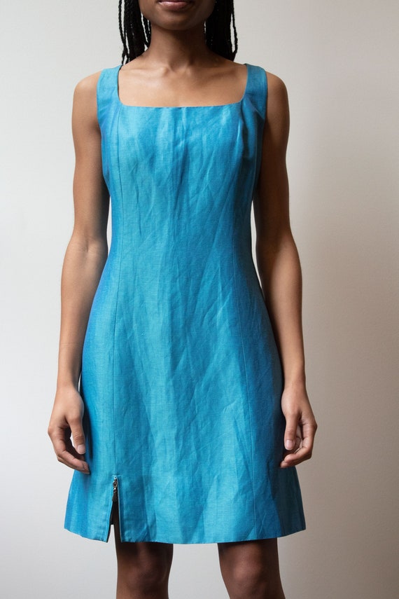 Claude Montana turquoise silk-linen trapeze dress