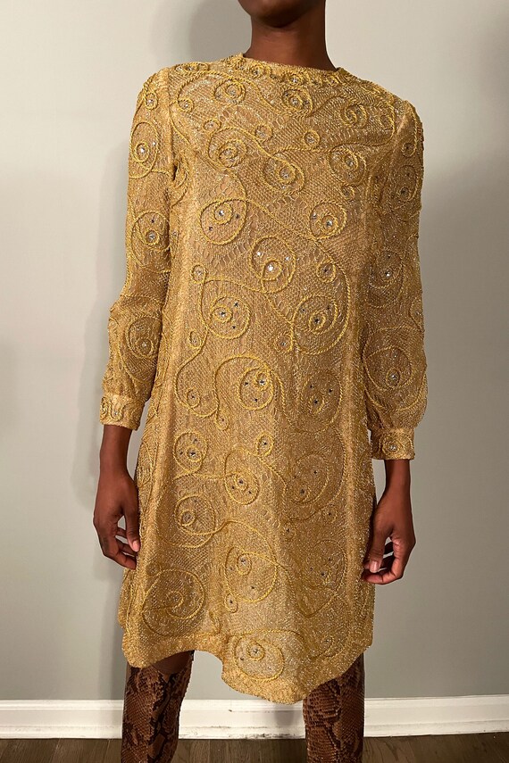 1960S Metallic Gold Sheer Overlay Dress - image 2