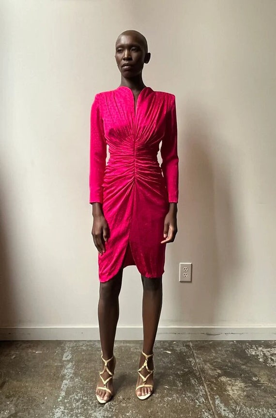 Vicky Tiel Couture Hot Pink Silk Ruched Dress