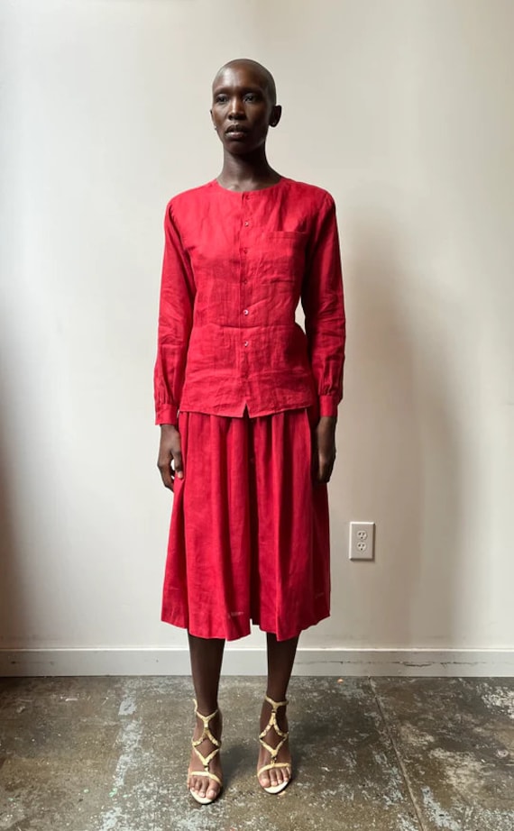 Calvin Klein red linen pleated skirt set - image 2