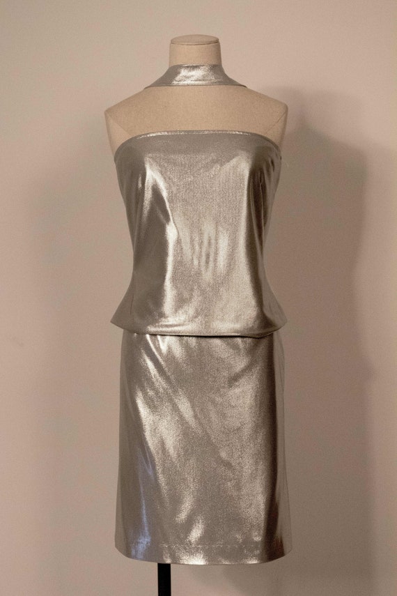 Versace silver nylon two piece skirt set
