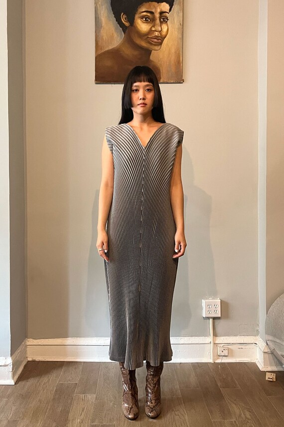 Issey Miyake Pewter Pleated Maxi Dress