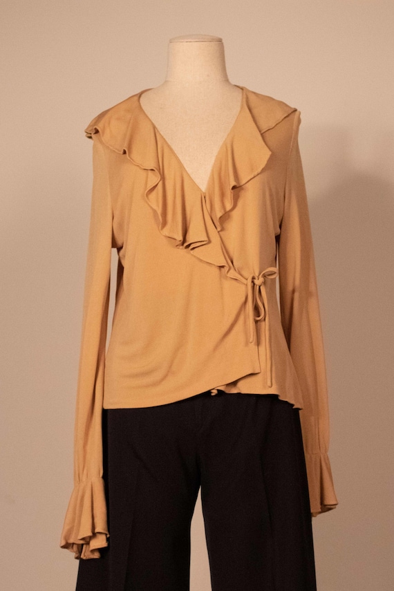 Mirror Room tan rayon crepe ruffled blouse