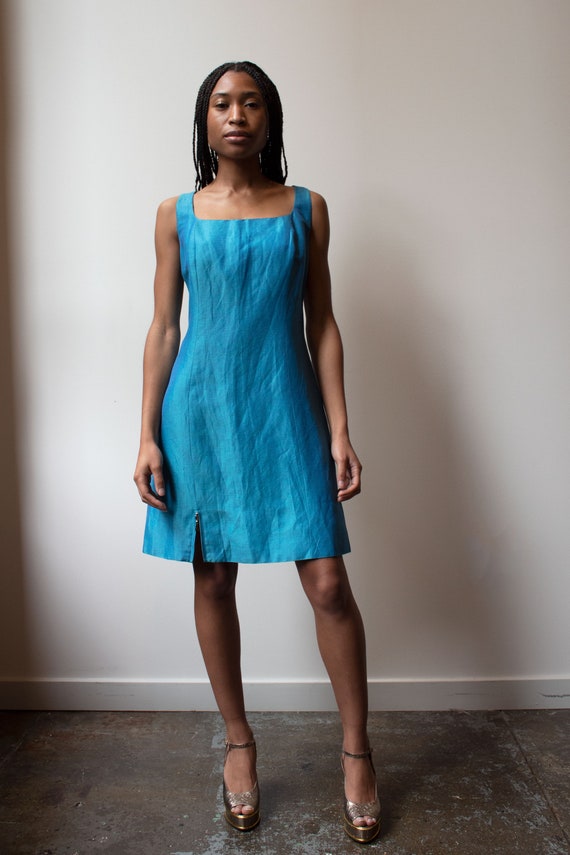 Claude Montana turquoise silk-linen trapeze dress - image 2