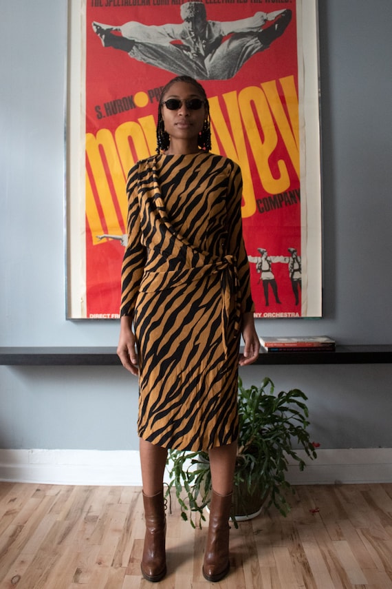 Tiger print pleated silk shift dress