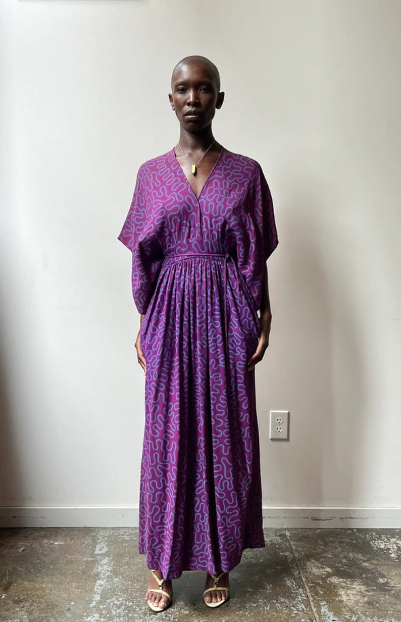 Zandra Rhodes Violet Squiggle Print Rayon Crepe Maxi Dress image 1