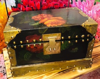 Vintage Hand Painted Floral Wooden Treasure Chest, Brass Tone Accents, Black Velvet Lined Trunk Box. Beautiful!
