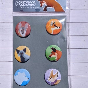 Fox Pinback Button Badge 1.5in Set of 6 : Gray Fox , Silver Fox , Red Fox , Arctic Fox , Fennec Fox