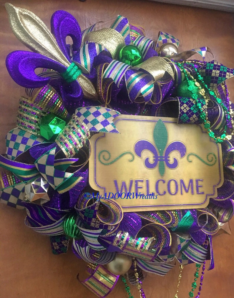 Mardi Gras NOLA Wreath Mardi Gras Fleur De Lis Decor Fleur De Lis Door Wreath Mardi Gras Welcome Door Wreath, Mardi Gras Welcome Wreath
