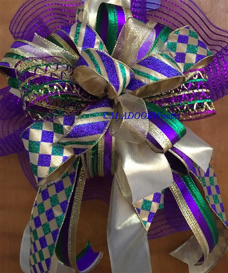 Mardi Gras Mailbox Wired Ribbon Bow Mardi Gras Decor Bow Mardi Gras Mailbox Bow Mardi Gras Party Bow Huge MG Bow Mardi Gras Wreath Bow