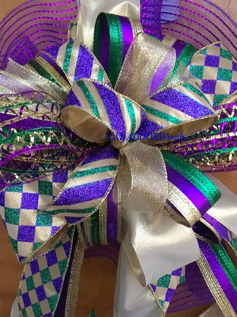 Mardi Gras Mailbox Wired Ribbon Bow Mardi Gras Decor Bow Mardi Gras Mailbox Bow Mardi Gras Party Bow Huge MG Bow Mardi Gras Wreath Bow