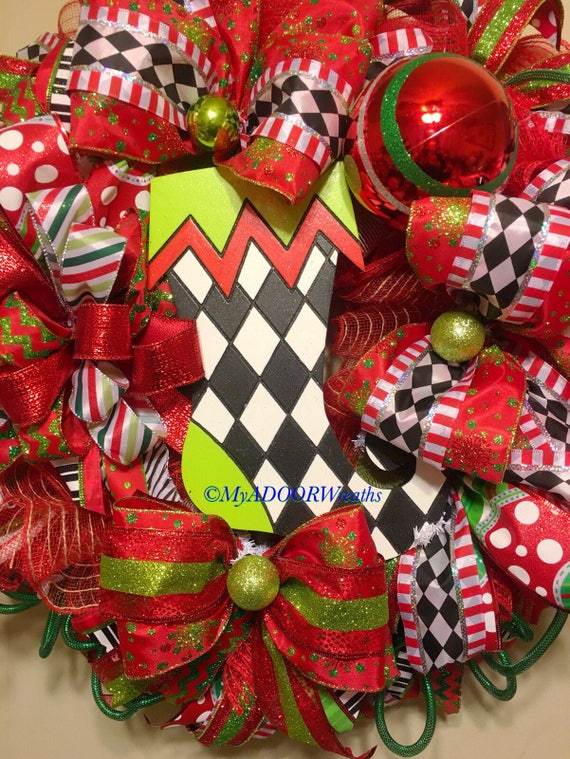 Hand painted Christmas Snoopy with present sign door hanger wreath accent mesh