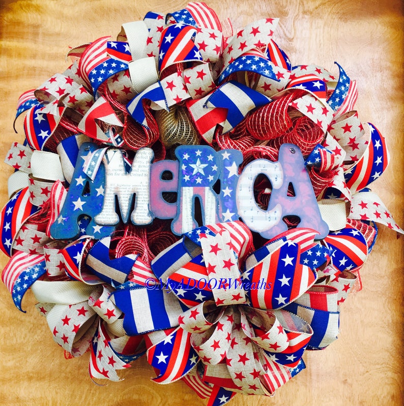 Welcome Patriotic Wreath Patriotic Wreath Americana Deco Mesh Wreath Primitive Patriotic Fourth Of July Decor Rustic Americana Wreath