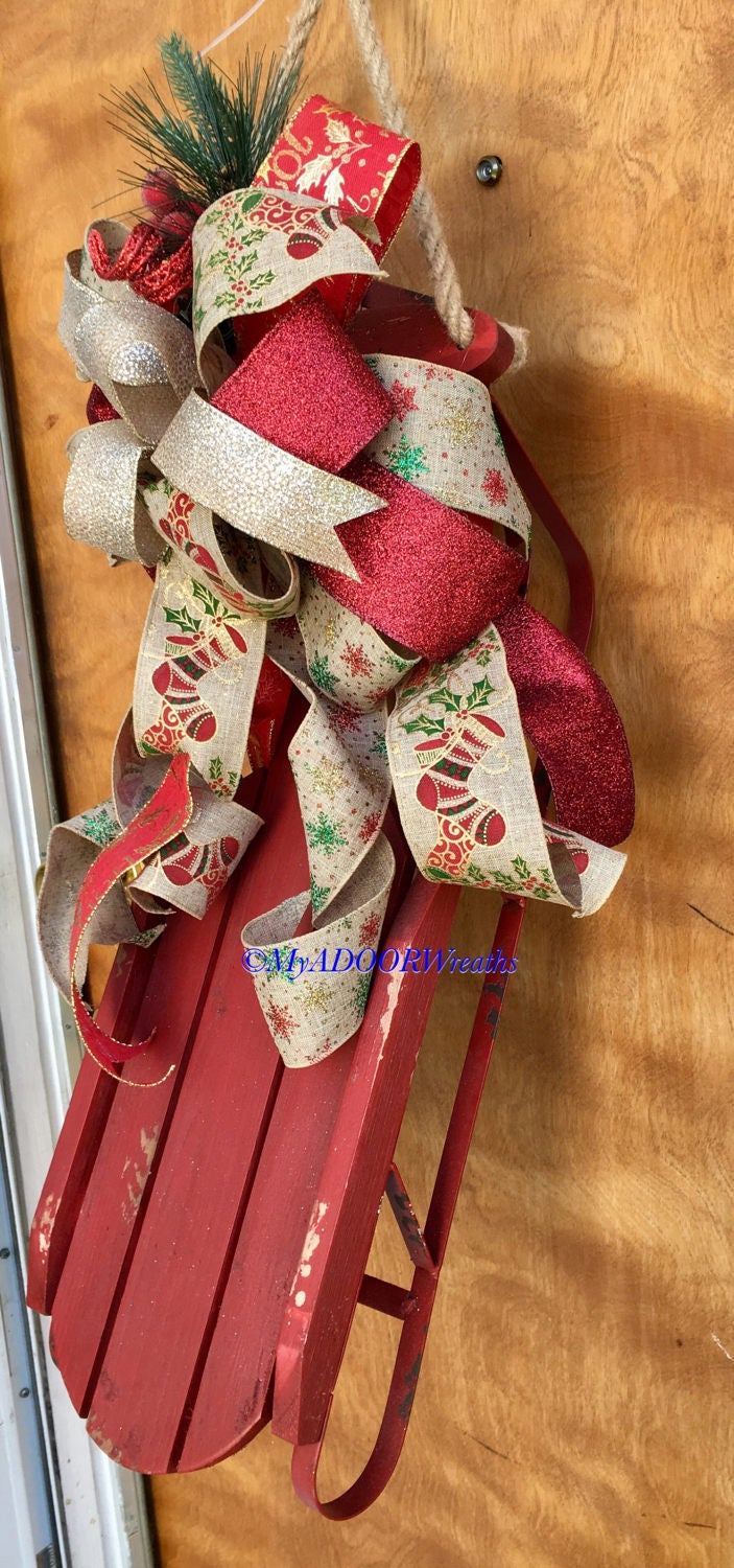 Christmas Sled Christmas Wreath Rustic Primitive Sled Decor Etsy