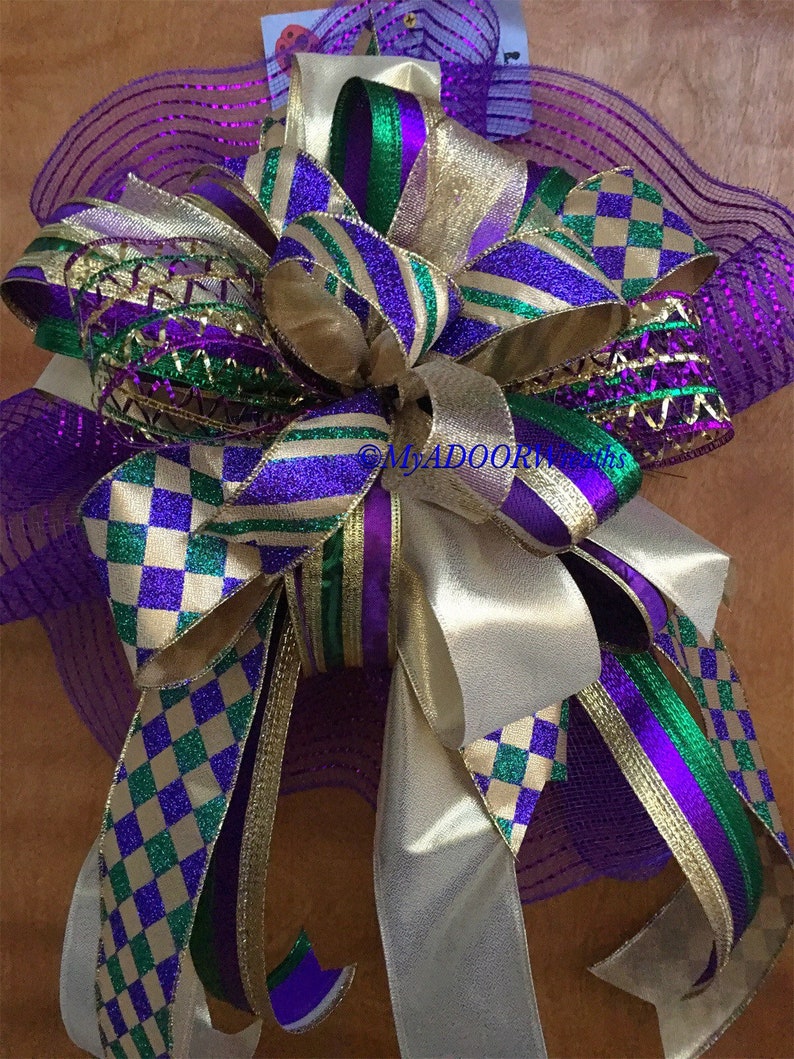 Mardi Gras Mailbox Wired Ribbon Bow Mardi Gras Decor Bow Mardi Gras Mailbox Bow Mardi Gras Party Bow Huge MG Bow Mardi Gras Wreath Bow