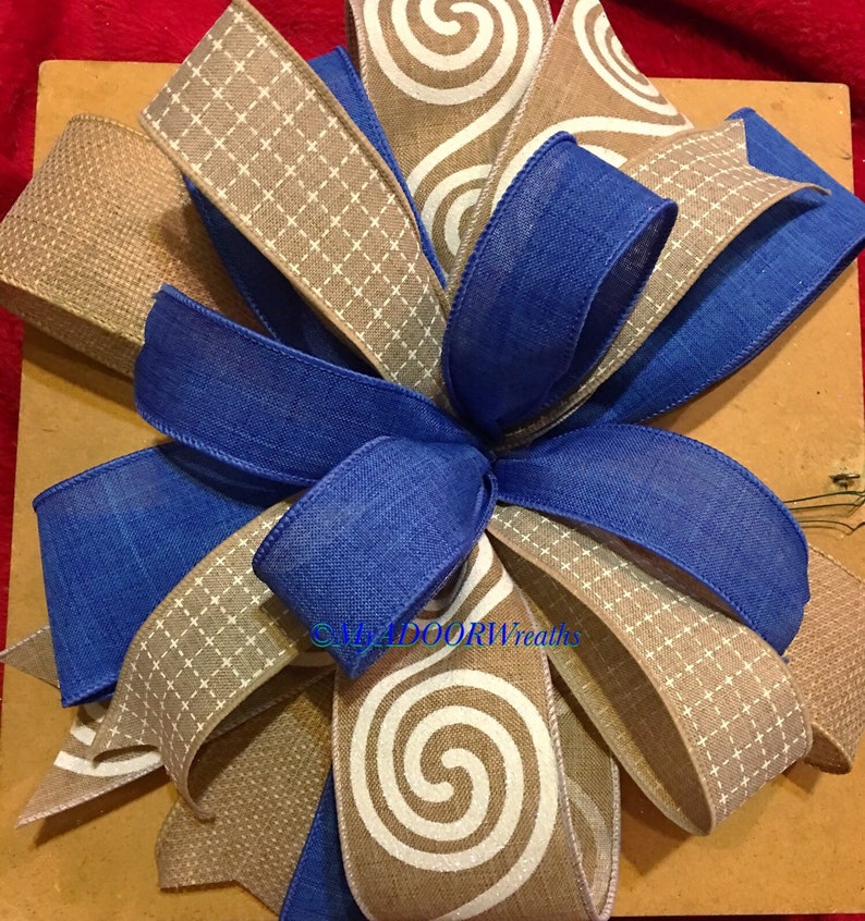 Gift Bow Blue Bow Blue /& Beige Wreath Bow Everyday Wired Ribbon Bow Blue And Beige Lantern Bow Spring Summer Bow Banister Mailbox Bow