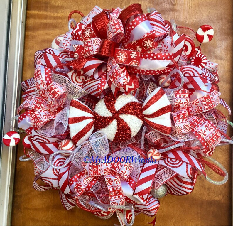 10/" WIDE CANDY CANE CHRISTMAS BOW~DECORATION FOR WREATHS TREE TOPPER GIFTS DECOR
