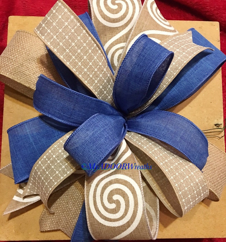 Gift Bow Blue Bow Blue /& Beige Wreath Bow Everyday Wired Ribbon Bow Blue And Beige Lantern Bow Spring Summer Bow Banister Mailbox Bow
