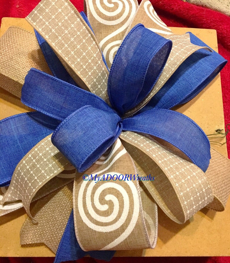 Gift Bow Blue Bow Blue /& Beige Wreath Bow Everyday Wired Ribbon Bow Blue And Beige Lantern Bow Spring Summer Bow Banister Mailbox Bow