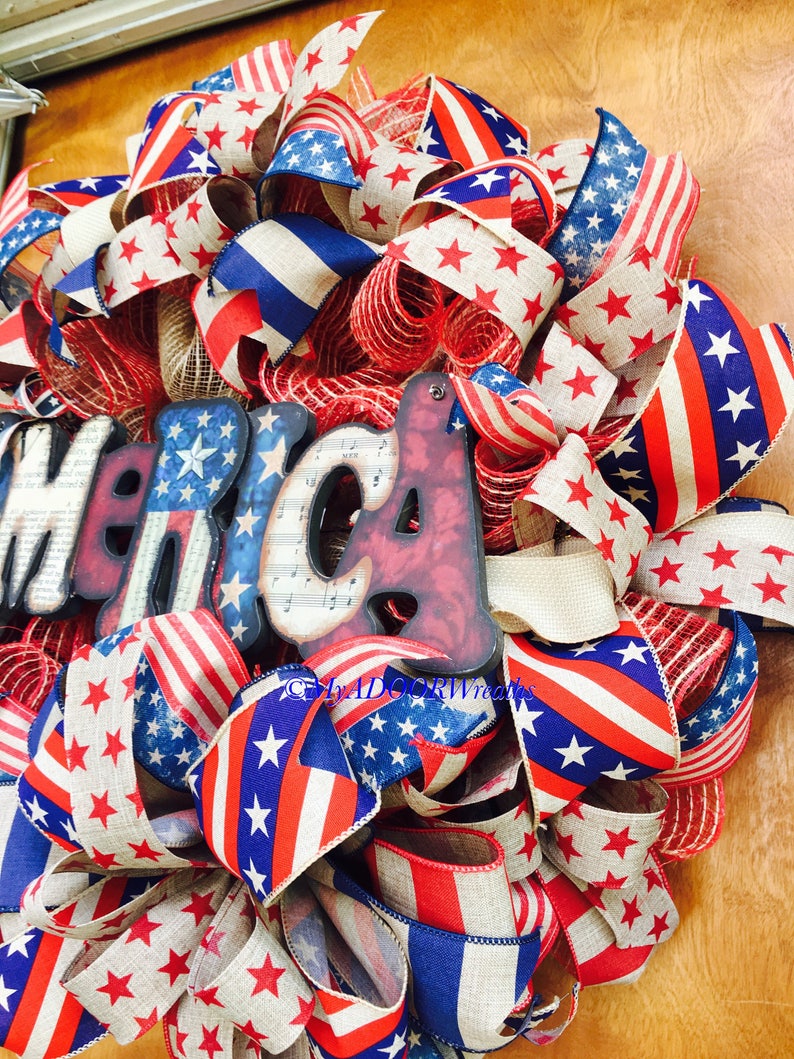 Welcome Patriotic Wreath Patriotic Wreath Americana Deco Mesh Wreath Primitive Patriotic Fourth Of July Decor Rustic Americana Wreath