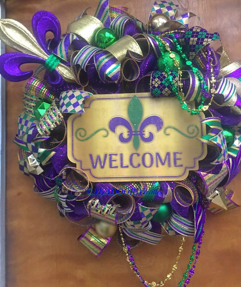 Mardi Gras NOLA Wreath Mardi Gras Fleur De Lis Decor Fleur De Lis Door Wreath Mardi Gras Welcome Door Wreath, Mardi Gras Welcome Wreath