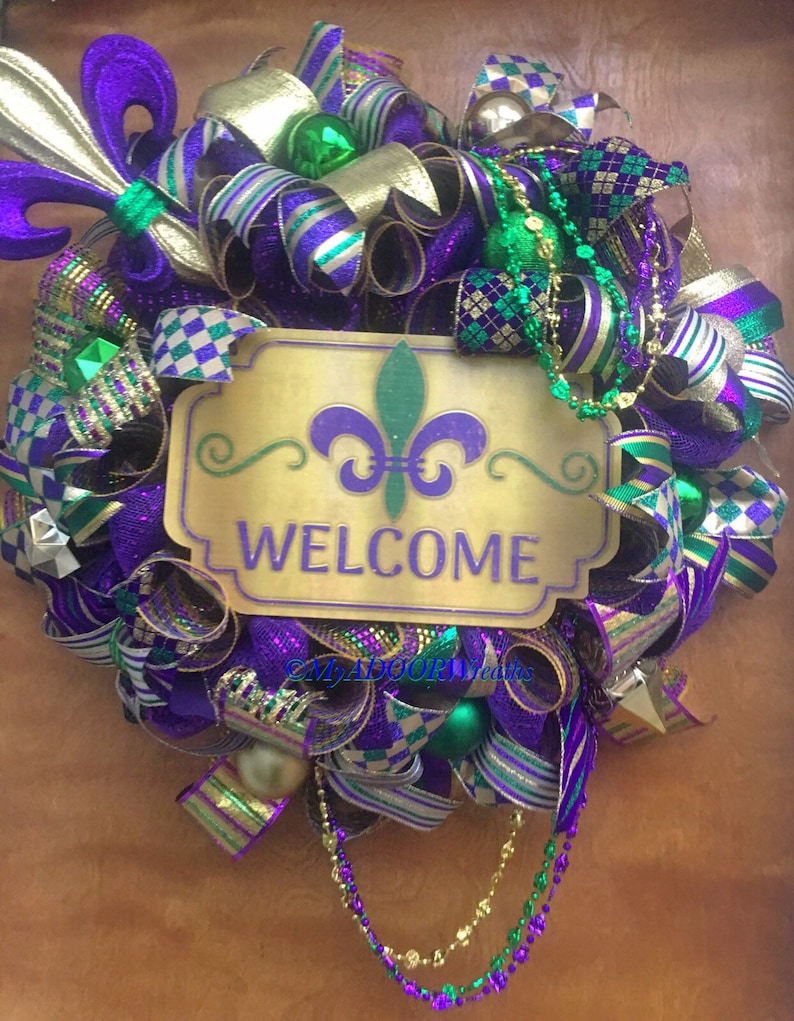 Mardi Gras NOLA Wreath Mardi Gras Fleur De Lis Decor Fleur De Lis Door Wreath Mardi Gras Welcome Door Wreath, Mardi Gras Welcome Wreath