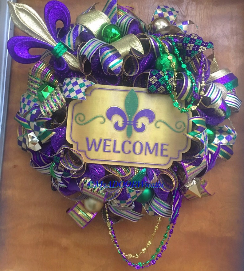 Mardi Gras NOLA Wreath Mardi Gras Fleur De Lis Decor Fleur De Lis Door Wreath Mardi Gras Welcome Door Wreath, Mardi Gras Welcome Wreath