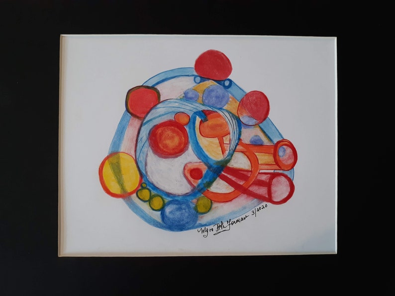 May include: Abstract watercolor painting with a mix of red, orange, yellow, blue, and green circles and lines. The painting is signed "Myra Beth Yamau - 3/2020".