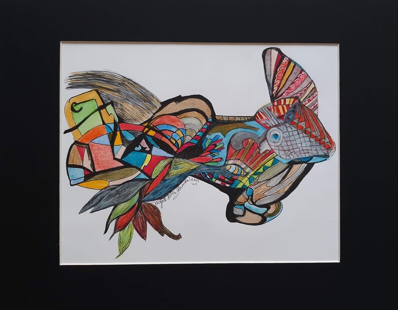 May include: Abstract art drawing of a colorful, stylized creature with a large, patterned fin. The creature is drawn in black, red, blue, green, yellow, and brown.