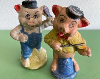 Vintage Disney Porky Pig Figurines - Fiddle Banjo Violin - Daffy Duck - WW2 Japan - Piggies - Piglet - Cute Animals - Disneyworld Disneyland