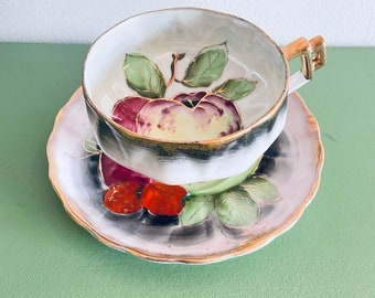 Royal Sealy Lusterware Tea Cup & Saucer - Apple Raspberries Raspberry - Gold Leaves - Footed - Teacup