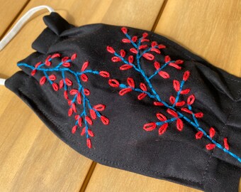 Hand Embroidered Botanical Face Mask with Filter