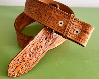 Vintage Tooled Leather Belt - 36" Western Floral Embossed Cowhide