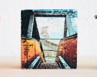 Zeche Zollverein escalator and winding tower, upcycling old wooden beams, photo on wood, unique piece