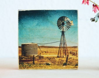 Wind turbine in the desert of Australia, photography on high-quality multiplex plate, transfer printing, handmade