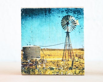 Outback Australia with wind turbine, upcycling old wooden beams, photo on wood, unique piece