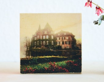 Schloss Linnep  Ratingen im Morgennebel, Fotografie auf hochwertiger Multiplex Platte, Transferdruck, handmade