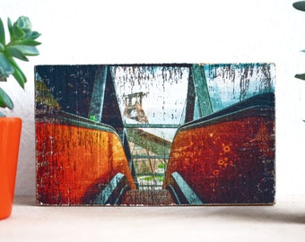 Zeche Zollverein with escalator, upcycling old wooden beams, photo on wood, 17 x 10 cm,