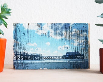 Sankt Peter Ording beach house, upcycling old wooden beams, photo on wood, 16 x 9 cm,