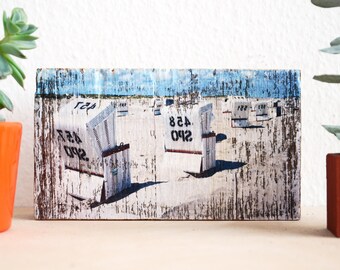 Sankt Peter Ording Strandkörbe, Upcycling alter Holzbalken, Foto auf Holz, 17 x 9 cm,