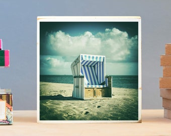 Beach chair, Sylt, maritime, beach photography, photo on wood 22 x 22 cm, gift for her, handmade