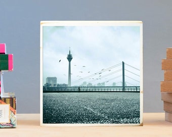 Düsseldorf, Möwen, Rheinterassen, Foto auf Holz 22x22 cm, Geschenk für sie, handmade