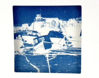 Cornwall St. Ives Original Cyanotype Print Boats as a folding card with envelope