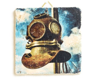 Diving helmet maritime retro made of travertine stone tile, with hook for hanging