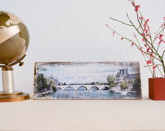 Wooden Sign - Paris, Seine River, Bridge, Upcycled, Wine Box, Photo on Wood
