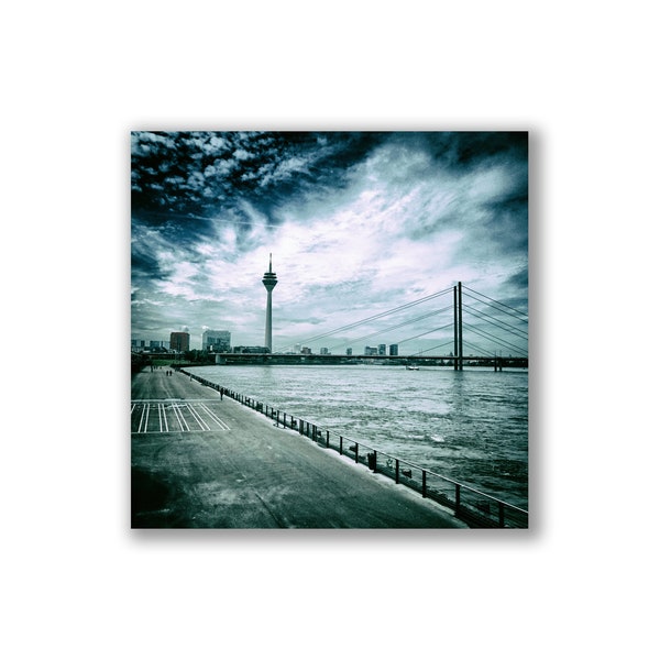 Düsseldorf, Fernsehturm, Rheinterrasse, Street, Altstadt, Foto auf Holz, im Quadrat, 10 x 10 cm