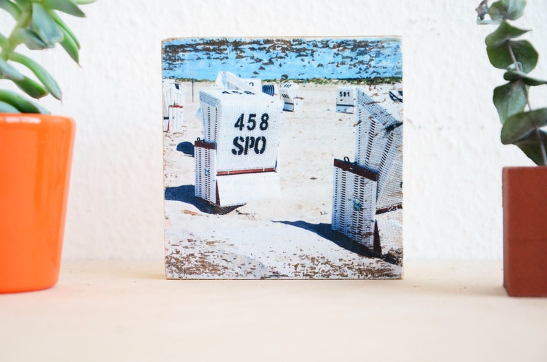 Sankt Peter Ording beach chair upcycling old wooden beams, photo on wood, unique piece image 1