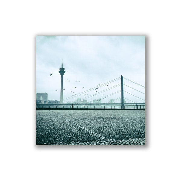 Düsseldorf, Fernsehturm, Rheinkniebrücke, Street, Altstadt, Foto auf Holz, im Quadrat, 10 x 10 cm